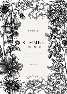 Summer flowers card or invitation template. Hand-sketched garden plants frame in engraved style. Botanical illustration with flower outlines. Perfect for banners, wedding or event design